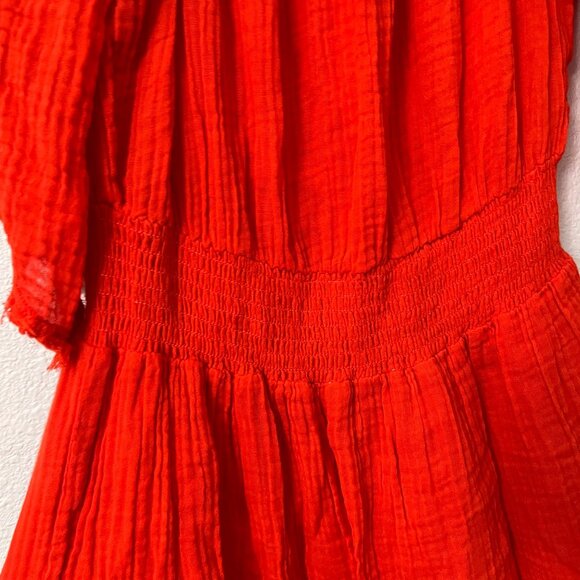 Michael Stars Red Fernanda Smocked Waist Off Shoulder Gauzy Dress Size Large - Picture 2 of 6